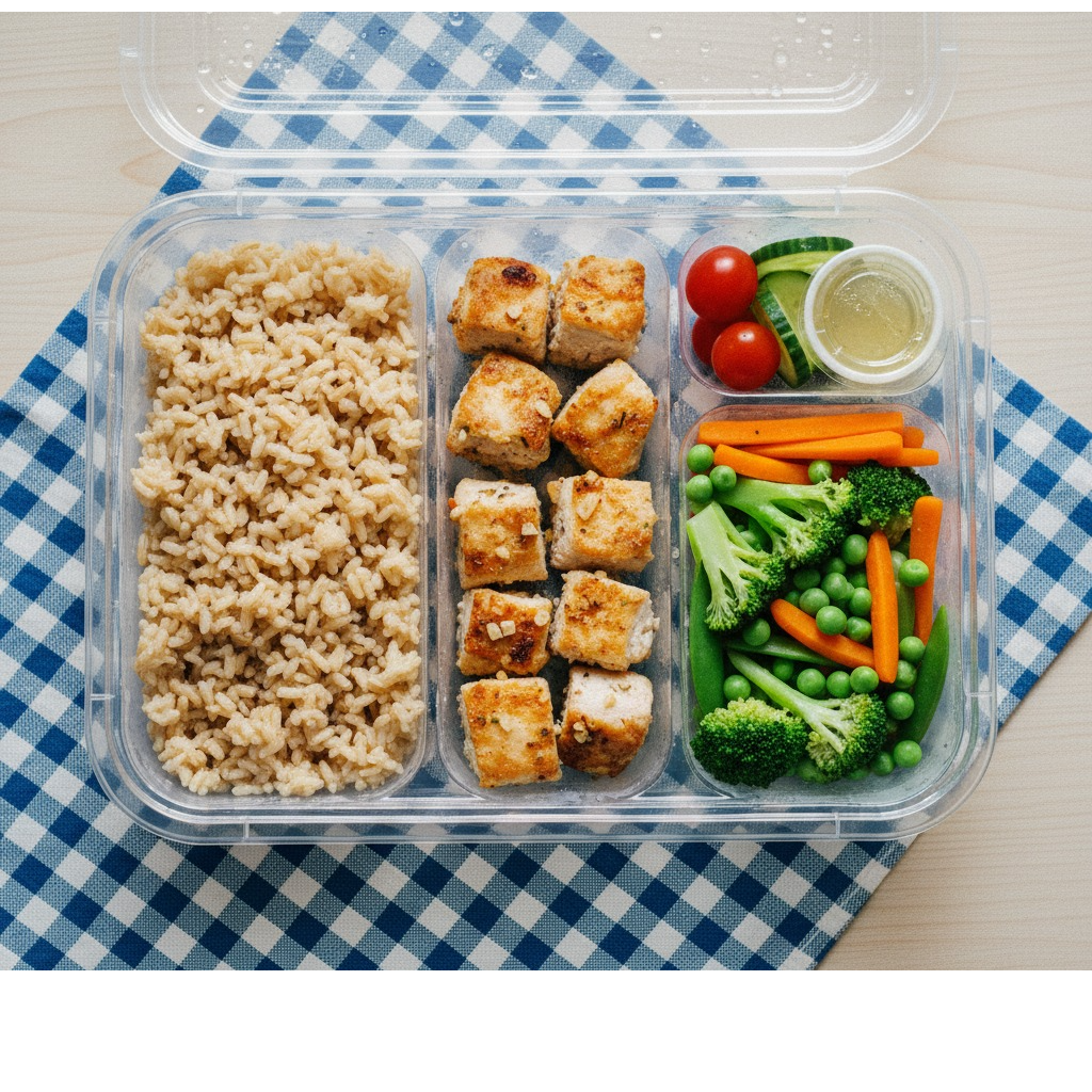 Prepared meal in a container with rice, chicken cubes, vegetables on a checkered tablecloth.